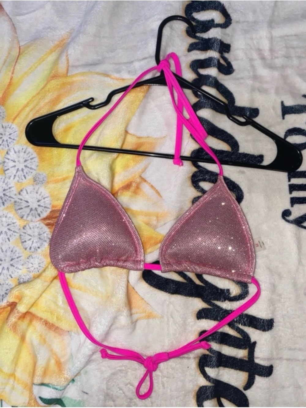 Source Unknown Pink Metallic Triangle Bikini Top with Hot Pink Straps